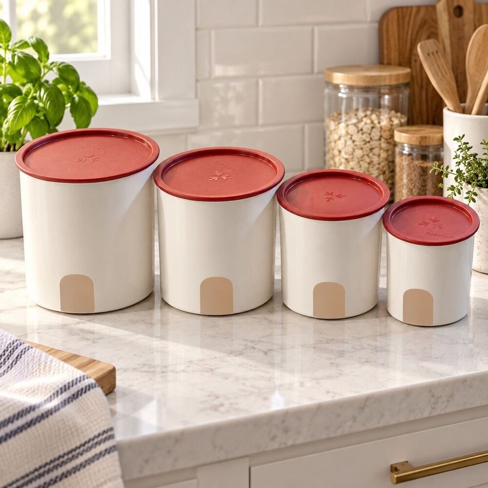 Tupperware, Red Seals.One Touch Reminder Canister Set vtge